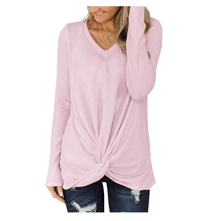 

2019 Autumn New European And American Women's Hot Style Waffle V-neck Long-sleeved T-shirt Top Sweater V-Neck Casual Fullfashion