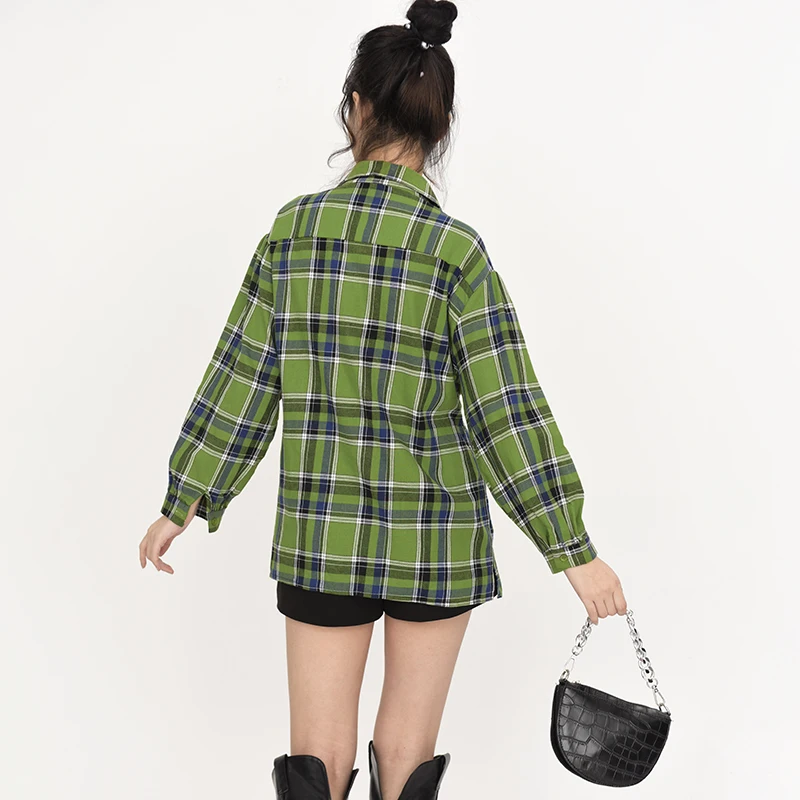 

[EAM] Women Green Big Size Plaid Vintage Blouse New Lapel Long Sleeve Loose Fit Shirt Fashion Tide Spring Autumn 2021 1DD100606