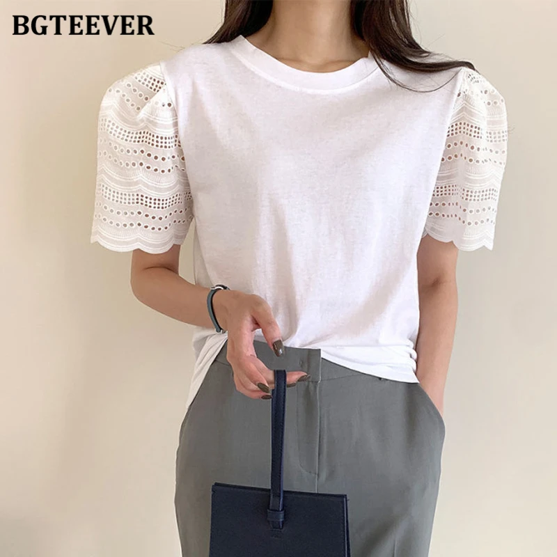 

BGTEEVER Elegant O-neck Short Sleeve Lace Patchwork Women T-Shirts 2021 Summer Casual Loose Cotton Female Pullovers Tees
