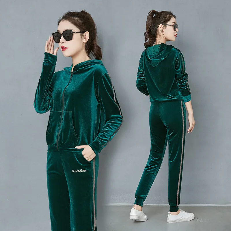 

2 Piece Set Fashion Women Tracksuits Long Sleeve Zipper Hooded Loose Clothing Running fitness clothes Casual Velvet Trackpants