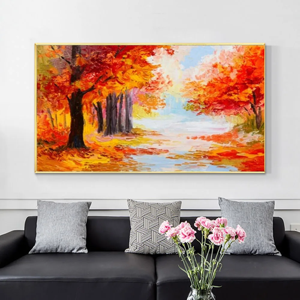 

Современный домашний Декор, живопись, ручная роспись маслом, Осенний пейзаж, холст с красным кленовым лесом, картина для стен в гостиной