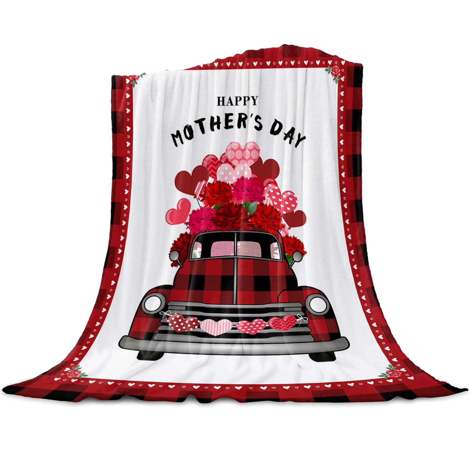 

Happy Mother'S Day Red Plaid Love Truck Throw Blanket Soft Picnic Blanket Home Decor Microfiber Flannel Blankets for Beds