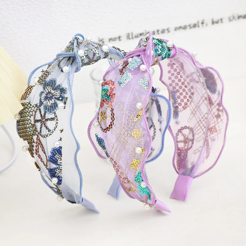 

2021 Knot Purple Flower Embroidered Sequins Bride Headband Flower Boho Lace Tiara Hairband Women Headpiece For Wedding Party