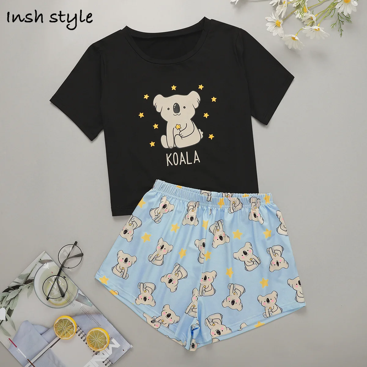 

Round Neck Pijamas Set for Women Koala Prints Sleepwear Spaghetti Strap Sleeveless Shorts