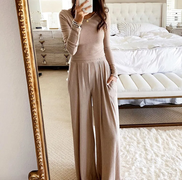 

European and American new style Jumpsuit Women two-piece Suit Autumn Winter style round-necked long-sleeved wide leg trousers