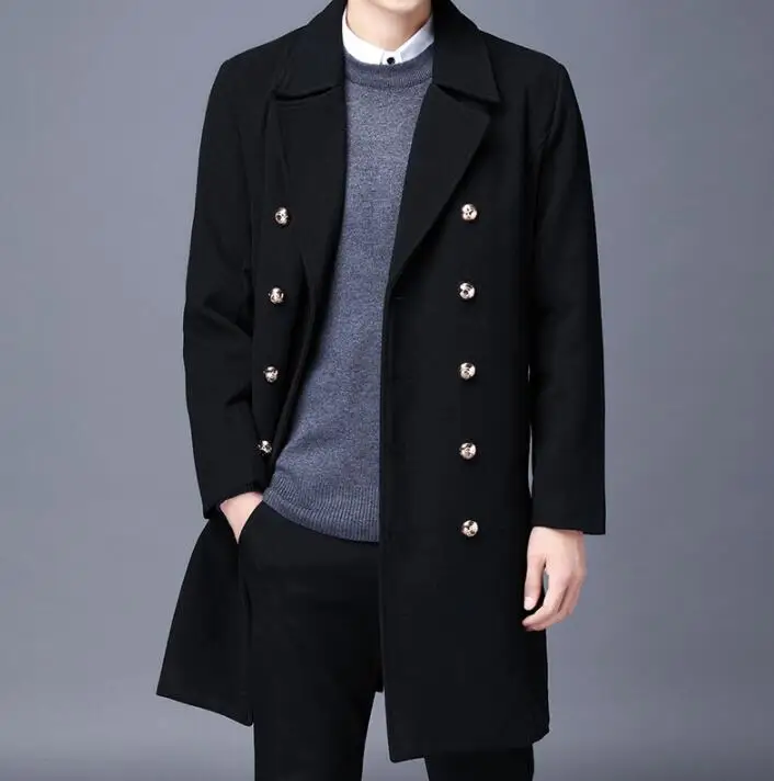 Black casual woolen coat men trench coats autumn long sleeves overcoat mens cashmere coat casaco masculino winter black england