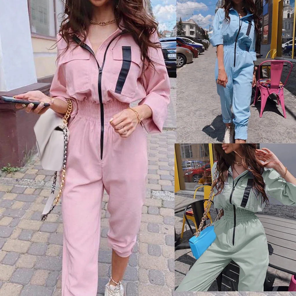 Женский модный однотонный комбинезон с длинными рукавами зауженным поясом и