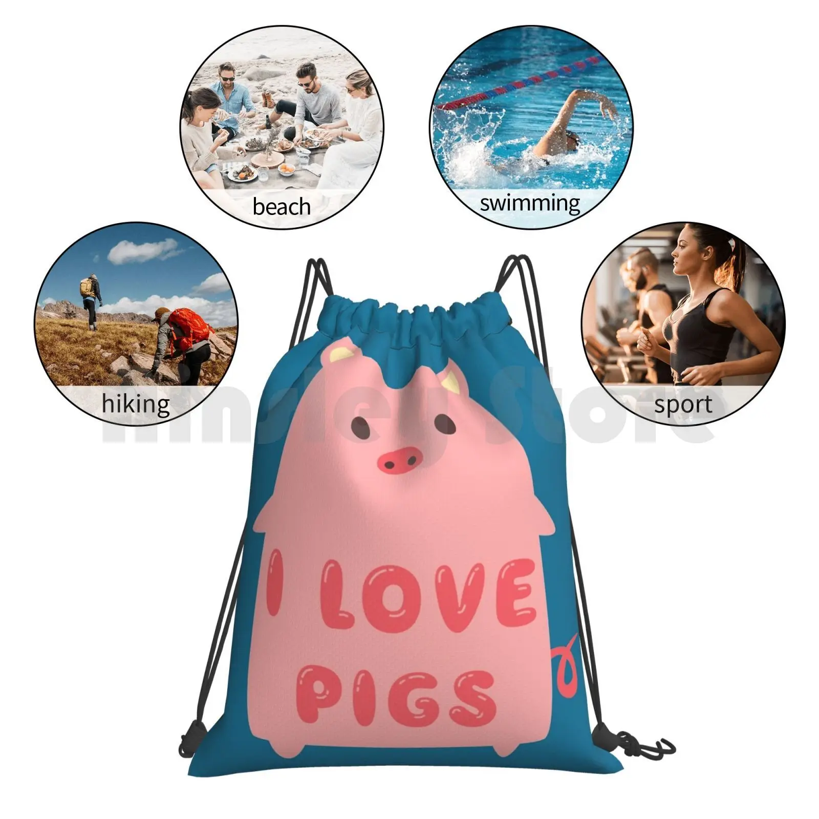 

I Love Pigs Cute Backpack Drawstring Bag Riding Climbing Gym Bag Cute Pig Pigs Piggies Piggy Mini Pig Micro Pig