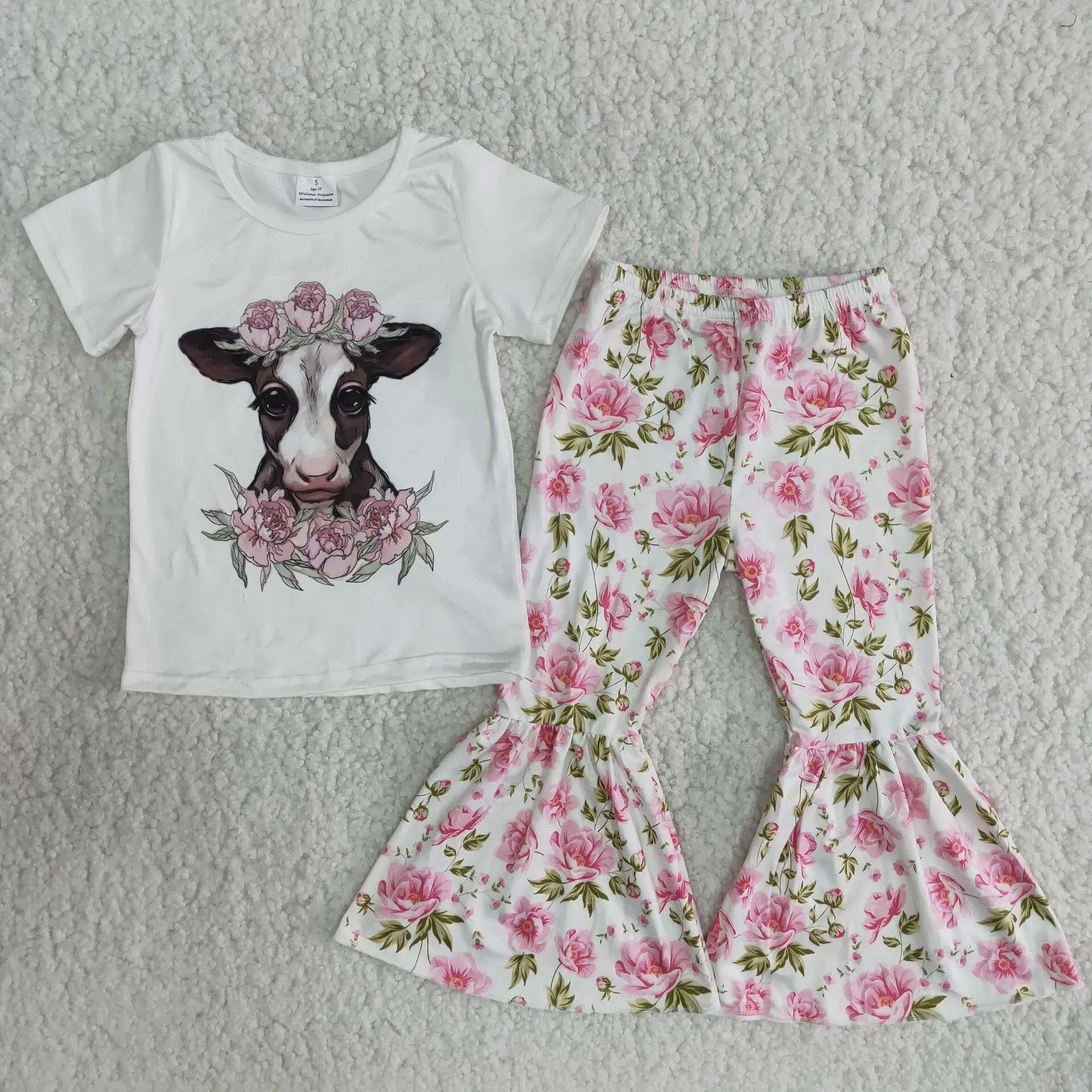 

RTS Baby girls boutique clothes children clothes cow print short sleeve tee shirt +floral bell bottom pants