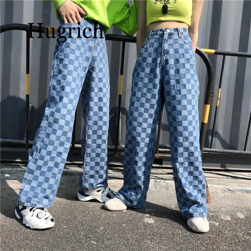 

Harajuku Unisex Pants Plaid Pattern Loose Long Women Men Pant Outwear Fashion Blue Jeans Cargo Pants Streetwear Hipster Autumn