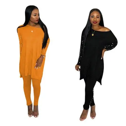 Осенне зимний женский вязаный комплект с брюками жемчужный из двух предметов