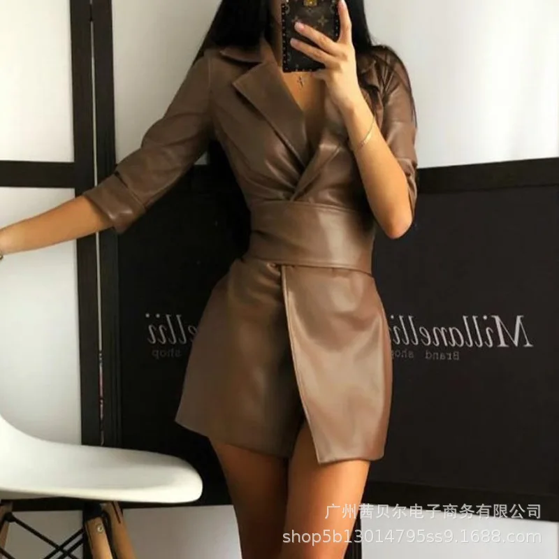 

Women Skirt Jacket Silver Stitching Pu Leather Suit Collar Autumn Winter Plaid Print Three-quarter Sleeves Waist Waist Blazer