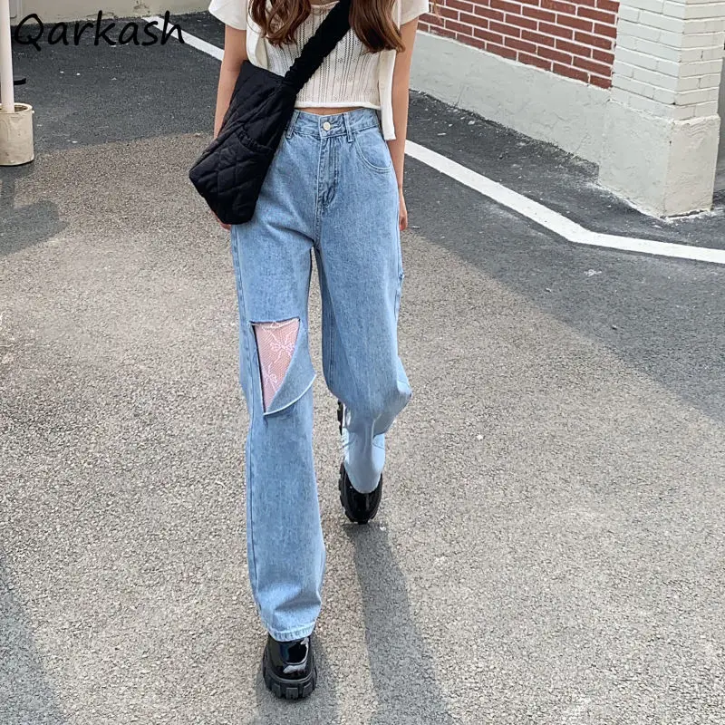 

Джинсы женские простые однотонные, уличная одежда с дырками, винтажные длинные брюки в молодежном стиле, для отдыха, в корейском стиле, стил...