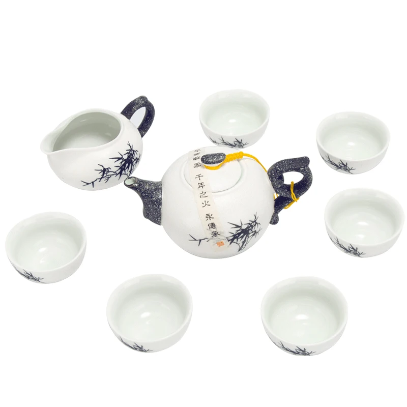 

Jusen Ink Bamboo Ceramic Kung Fu Tea Set From China 6pcs Teacup Teapot Gongdao Cup White Porcelain Teaware Elegant Tea Ceremony