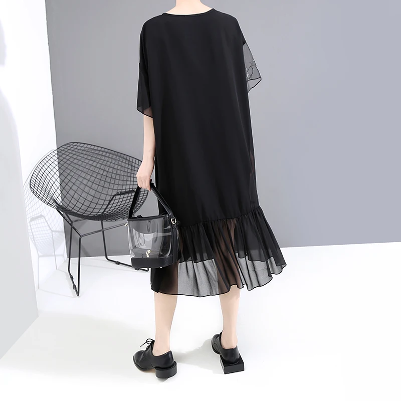 Женское платье с вышивкой в виде звезд черное Повседневное из шифона средней