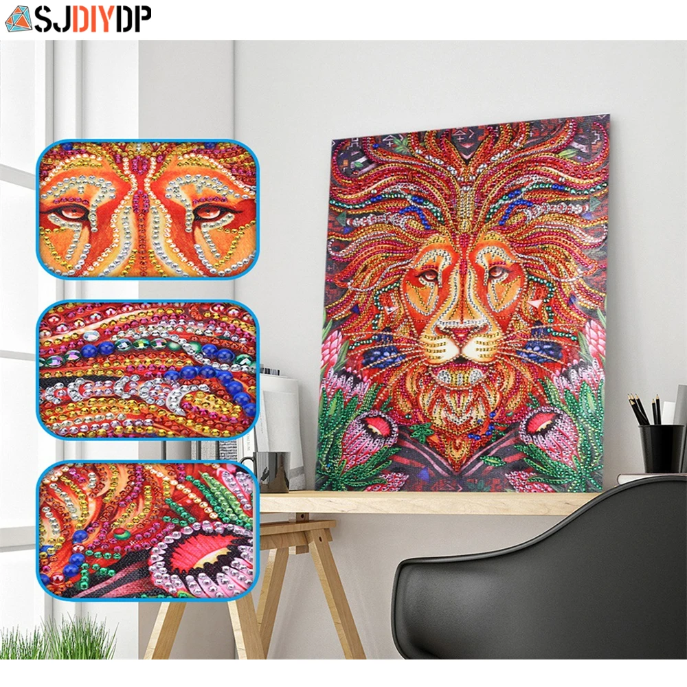 

SJDIYDP Special Shaped Diamond Painting Lion Cross Stitch Embroidery Kits Mosaic Diamond Painting Home Wall Decoration DIY Drill