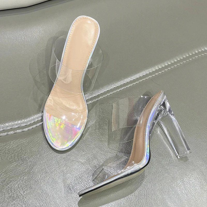 

Шлепанцы женские прозрачные без задника, сандалии на каблуке, открытый носок, без застежки, вечерние классические туфли, серебристые, лето