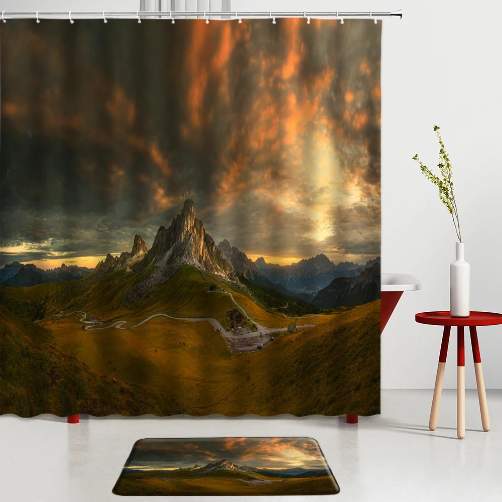 

Alpine Landscape Shower Curtains Set Cloud Sky Natural scenery Printing Bath Mats Bath Screen Bathroom Room Decoration Carpets
