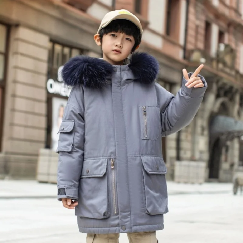 

Boys' Mid-length Down Jacket Winter Children's Clothing White Duck Coat Hooded Big Fur Collar Teen Outerwear Size#120-160