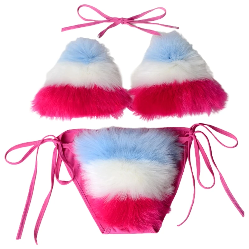 

Women Summer Sexy 2 Piece Bikini Set Faux Fur Rainbow Striped Halter Swimsuit Tie Side Plush Bathing Suit Party Clubwear
