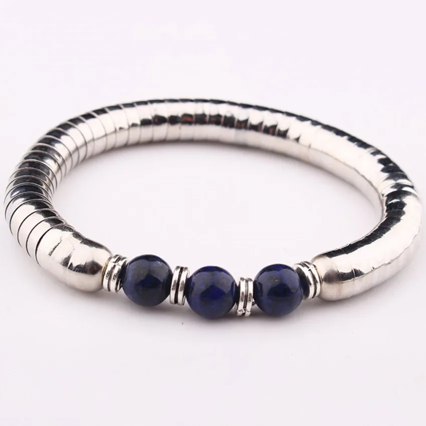 Браслет FYJS из нержавеющей стали с круглыми бусинами и Лазуритом | Украшения