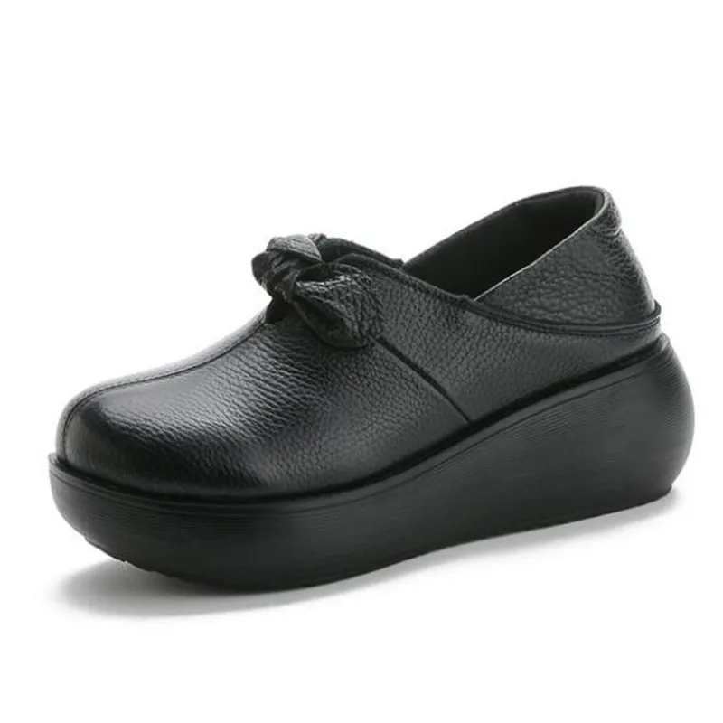 

2022 Spring New Bow Thick Bottom Retro Women Shoes Genuine Leather Shoes Fashion Women High Heel Shoes Wedge Single Shoes
