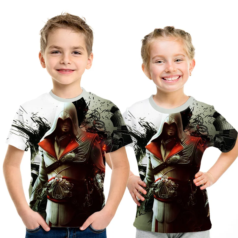 Летние детские футболки топы с 3d принтом assassins creed, повседневные Мальчики Девочки футболки, костюм Харадзюку хип-хоп Уличная одежда, футболки с аниме