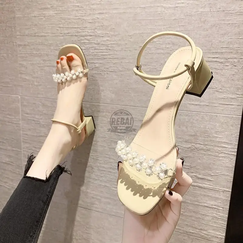 

Fashion Square Crystal Heels Pearl Women Sandals 2022 NEW PVC String Bead High Heels Open Toe Fairy Style Female Slippers REBAI