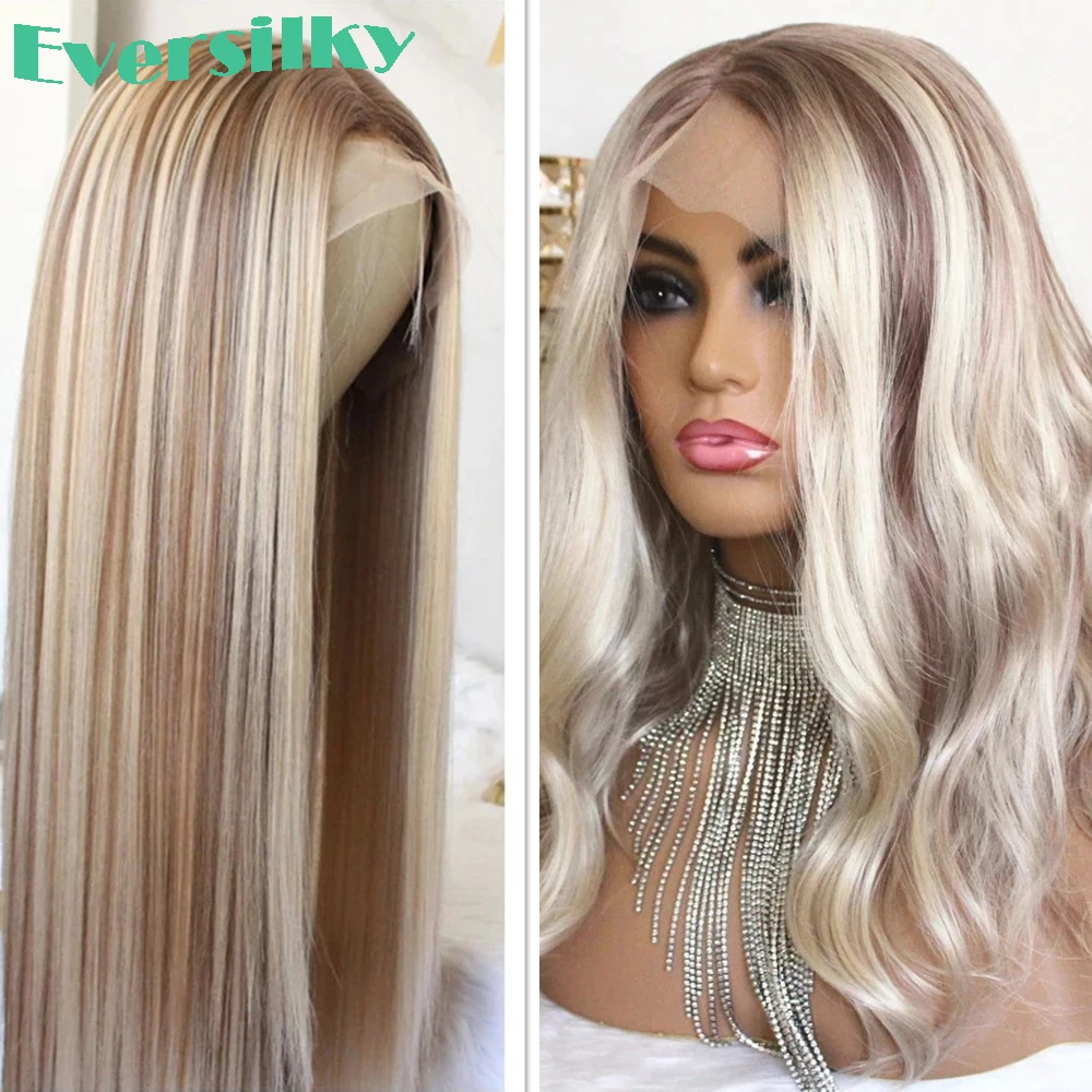 

Platinum Blonde Highlight Cream Transparent Full Lace Peruvian Ombre Straight 13X6 Front Wigs Prepluck Wavy Remy Human Hair Wig