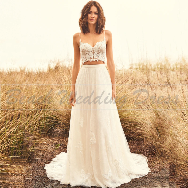 

Bohemian A Line Lace Wedding Gown 2021 Spaghetti Strap Sleeveless Backless Applique Vestidos De Noiva Custom Made Bridal Dresses