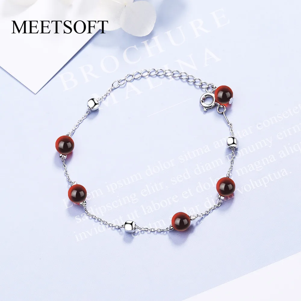 MEETSOFT Новая мода 925 серебряные аксессуары трендовые гранатовые браслеты для