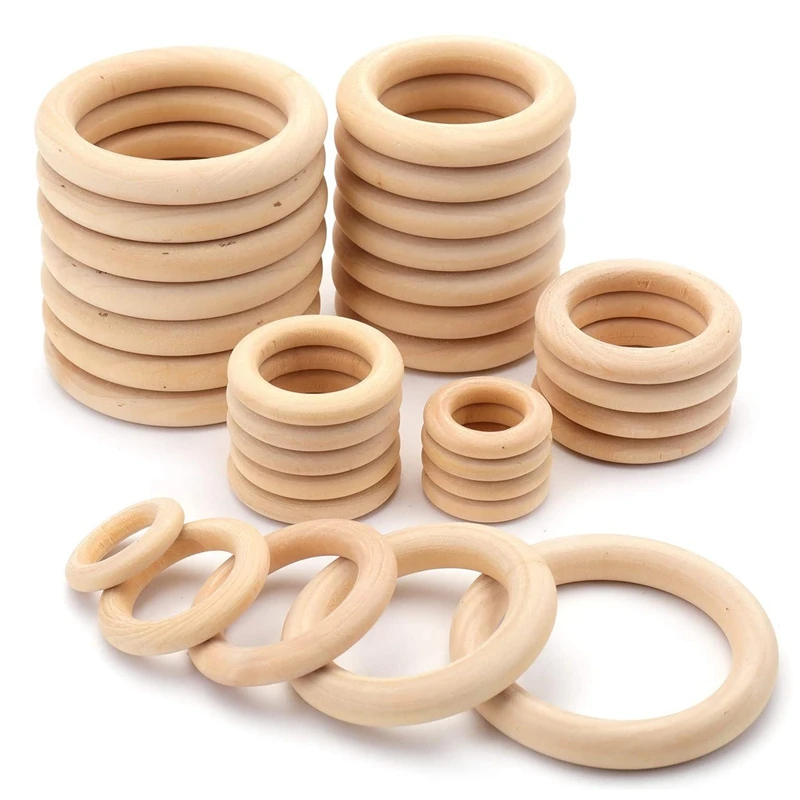 

100 Pcs Unfinished Solid Wooden Rings/Wood Rings for Ring Pendant, DIY Craft, Connectors Jewelry Making - 5 Size