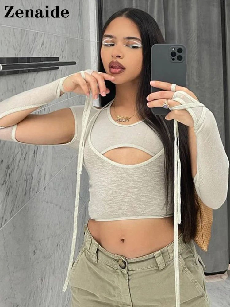 Женская футболка с вырезами Zenaide летняя пикантная в стиле панк лямкой на шее