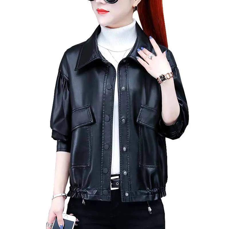 

Temperament Slim Women Spring Autumn Leather Coats New Female Fashion Sheepskin Loose Jacket 2022 Lady Elegant Winter Coat G061