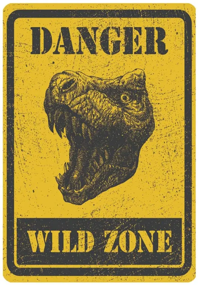 

Funny Warning Sign Danger Wild Zone Dinosaur Door Hanging Wall Decor for Home Bar Room Garage Man Cave Boy's Room, 8x12 Inches