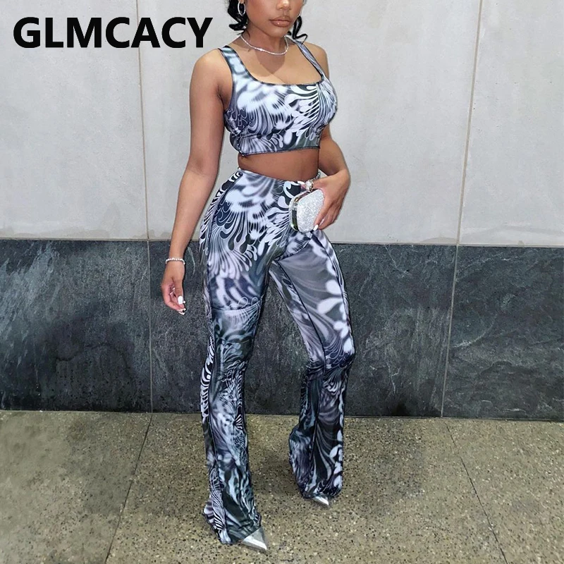 

Two Piece Sexy Party Suits Sleeveless Crop Top & Slim Flare Pants Set