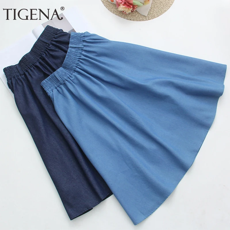 

TIGENA Casual Midi Denim Skirt Women 2021 Summer Korean Fashion A-line High Waist Knee Length Skirt Female School Jeans Skirt