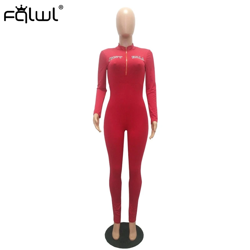 FQLWL Letter Print Streetwear Sexy Black Rompers Womens Jumpsuit Female Zipper Long Sleeve Bodycon One Piece Women 2020 | Женская одежда