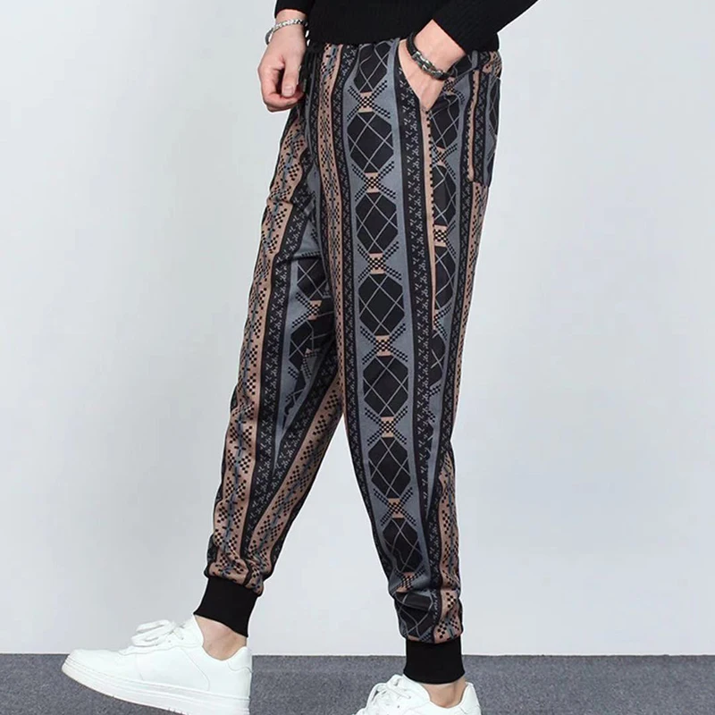 

Winter plus velvet thick trousers men's contrast color loose feet harem pants gold velvet print striped tie-leg casual pants