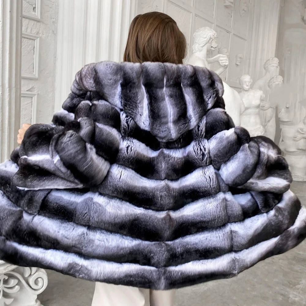 Women Real Rex Rabbit Fur Coat with Hood Thick Warm Fur Overcoat Luxury Whole Skin Genuine Rex Rabbit Fur Jacket Naural Woman