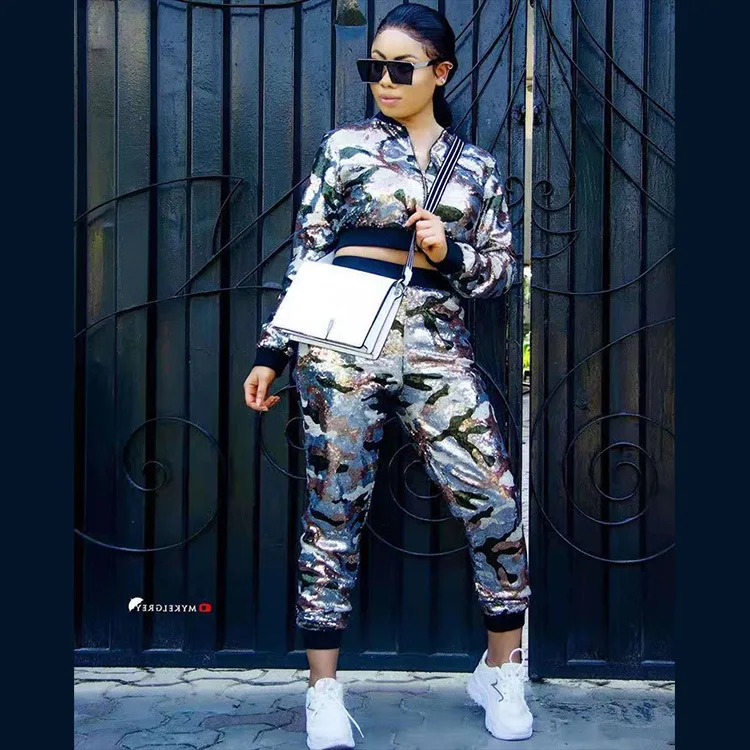 Модный Камуфляжный комплект из 2 предметов с блестками укороченный топ и брюки