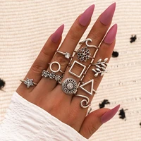 11 pcs set retro trend geometric ring silver flower wave star square round leaf pattern multi element ring set for women gift