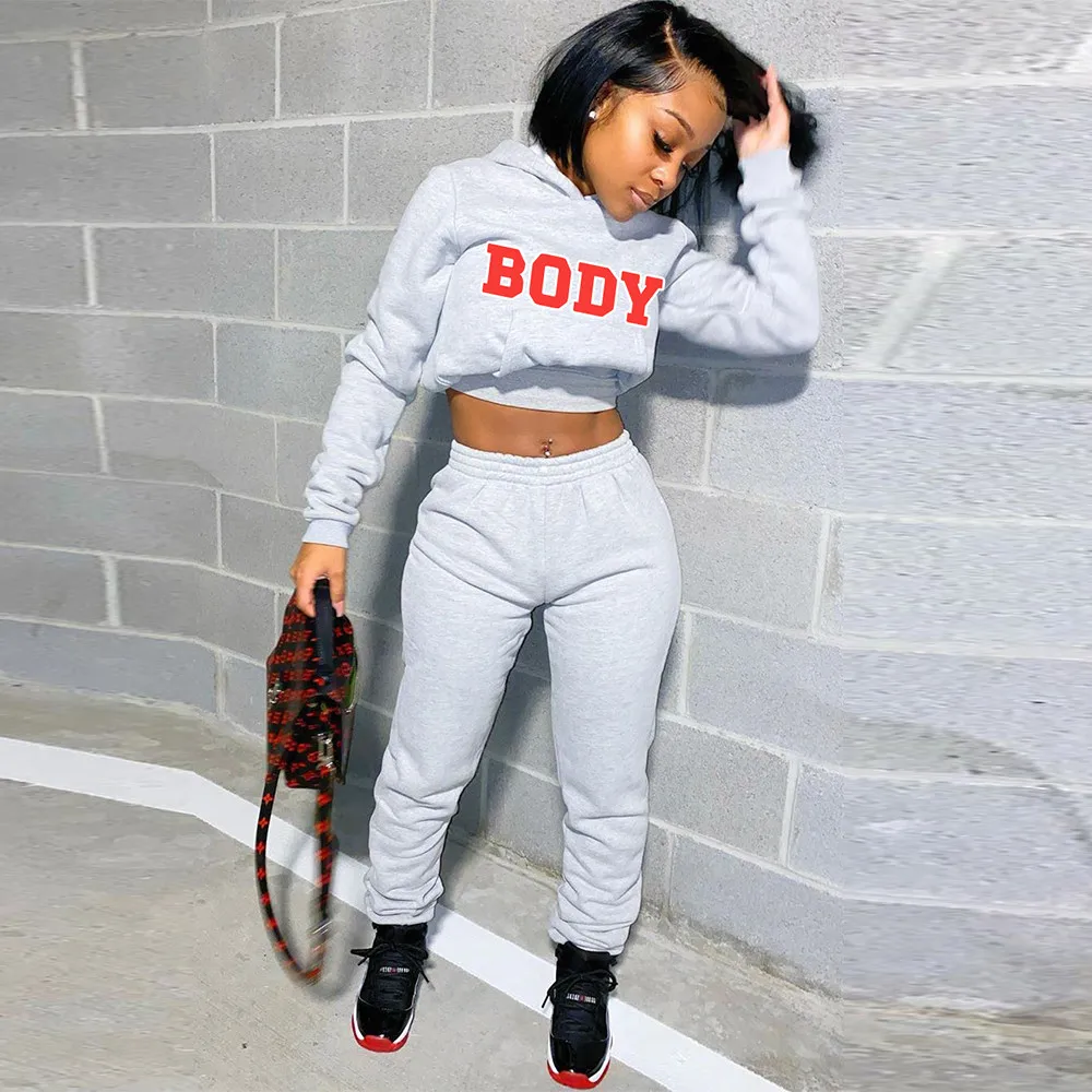 

Casual Loungewear Sets BODY Letter Print Hooded Long Sleeve Crop Sweatshirt & Elastic High Waist Stacked Jogger Pant Autumn