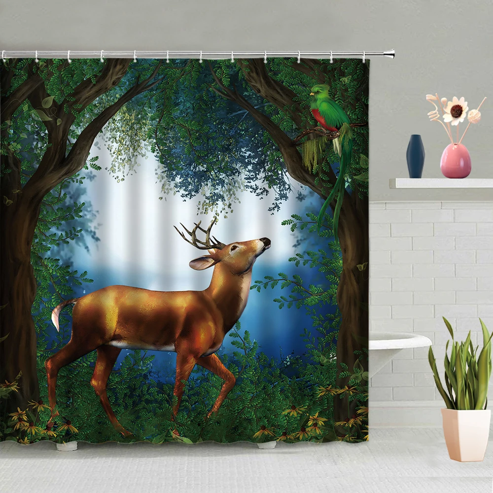 

Green Jungle Animals Shower Curtain Tiger Parrot Monkey Fawn Frog Green Leaves Tropical Fruit Background Decoration With Hooks