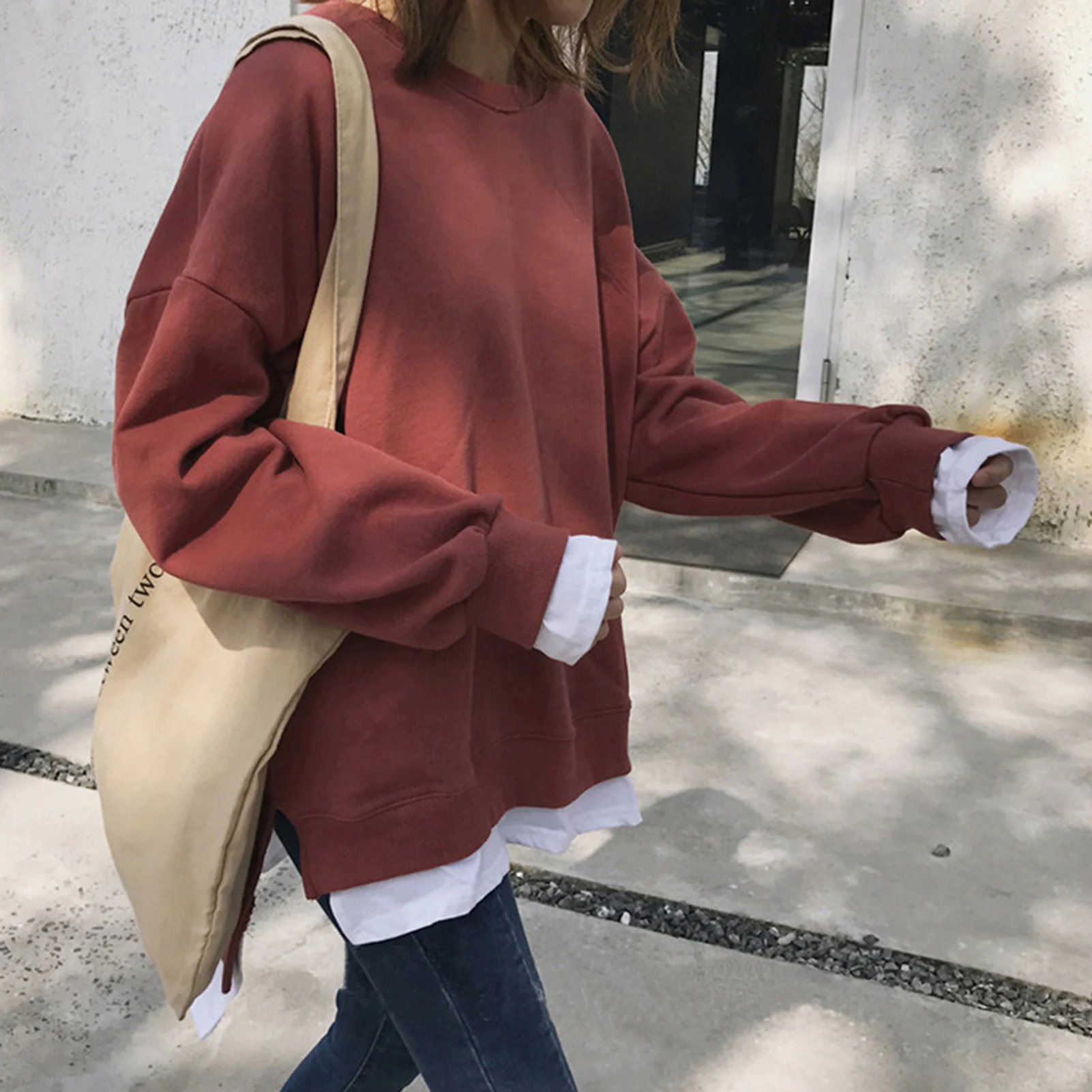 Hoodies oversized Women Pullovers Autumn Long Sleeve Fake Two Piece Plush Sweatshirt Split Hem Blouse Top ropa de mujer 2020