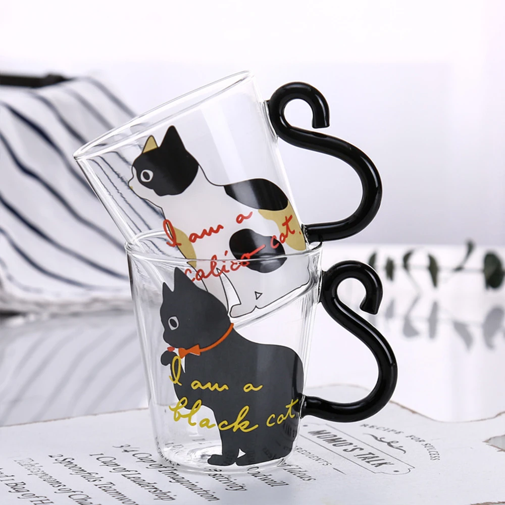 Creative Glass Water Cup With Handle Cute Cat Design Cartoon Two Styles Of Repeated Printing For Coffee And Milk Drinks |