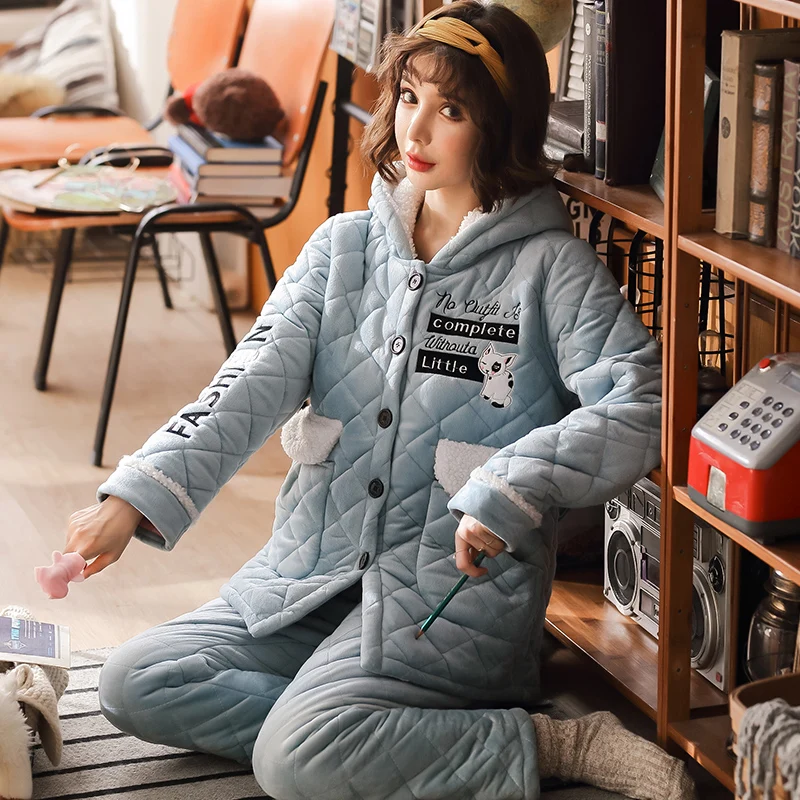 

Front Pocket Pajamas Woman 3 Layers Cotton+ Flannel Long Sleeve Long Pants Pj Set Sleepwear Solid New Soft Warm Winter Hooded