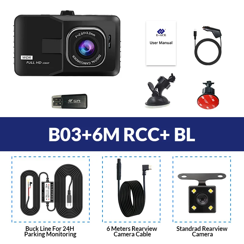 E-ACE B03 Мини Автомобильный видеорегистратор 3 дюйма FHD 1080P двойная камера объектив 170D угол видео регистратор видеокамера Dash Cam РЕГИСТРАТОР ночная версия