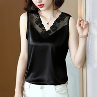 korean fashion silk tank top women satin office lady tank top lace solid loose clothing for women