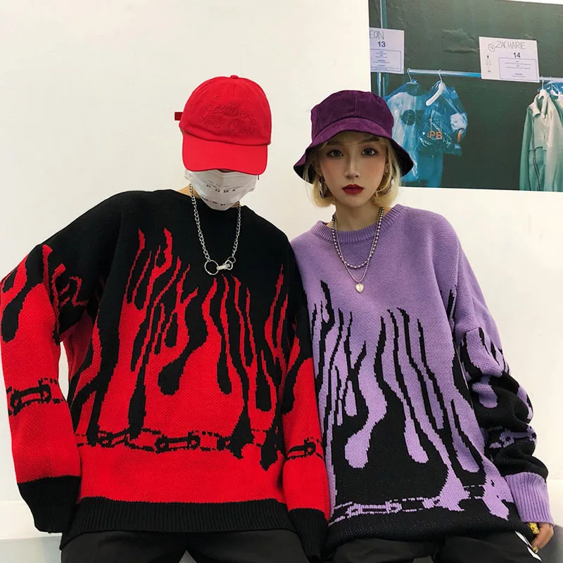 Oversize Knitted Batwing Sleeve Women's Sweater Winter Flame Print Sweaters Female Japanese Long Casual Loose Pullovers Women | Женская